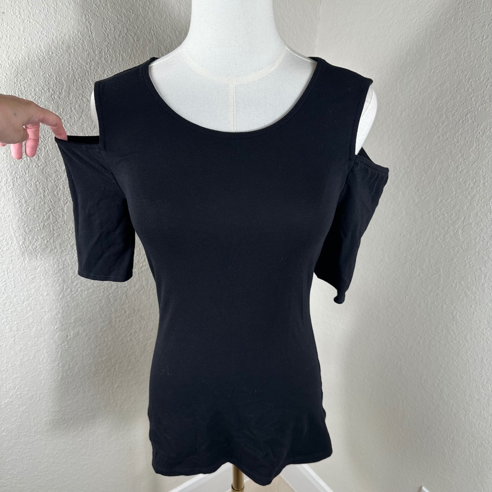 Express Cold Shoulder Top Women S Black Solid Knit Short Sleeve Edgy Minimalist